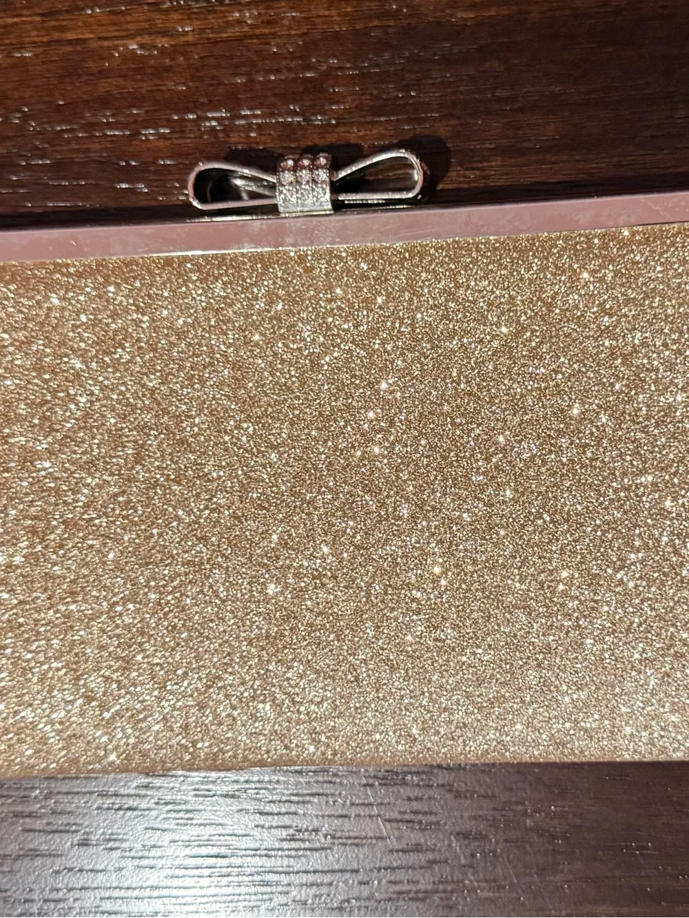 INC International Concepts Champagne Glitter Evening Clutch with Rhinestone Bow